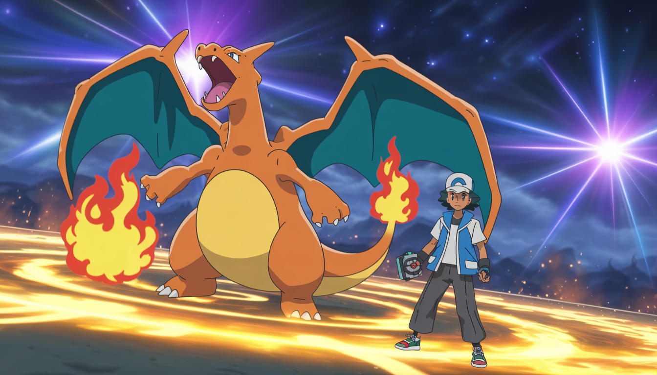 Charizard crache des flammes aux côtés d'un dresseur dans une arène magique sous un ciel étoilé