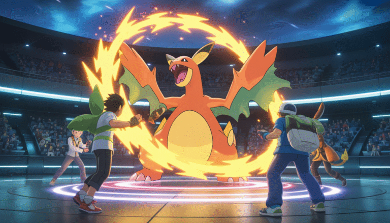 Pokémon légendaires lançant une attaque magique dans une arène lumineuse avec des dresseurs dynamiques et des effets étincelants
