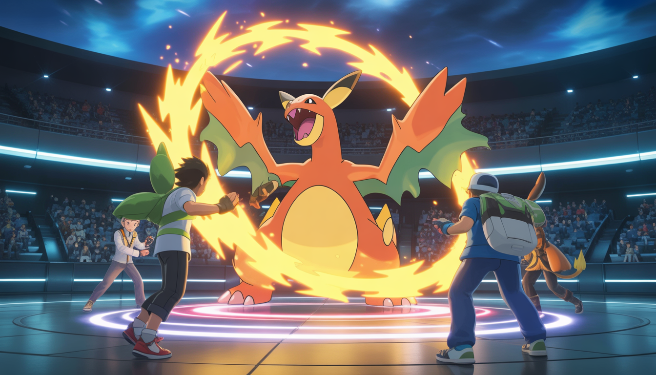 Pokémon légendaires lançant une attaque magique dans une arène lumineuse avec des dresseurs dynamiques et des effets étincelants