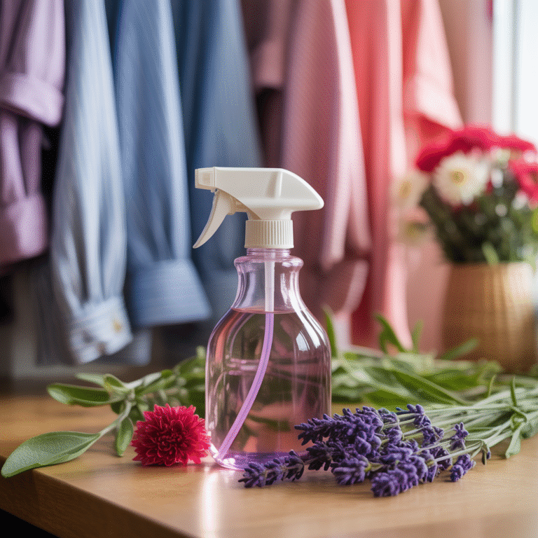 Photorealistic spray bottle on wooden countertop surrounded by lavender leaves and red flowers with blurred stained clothes in background