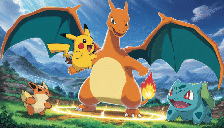 Pikachu attaque Dracaufeu dans une arène lumineuse avec Togepi et Bulbizarre