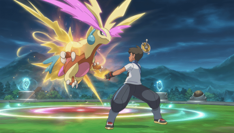 Trainer summoning legendary Pokémon with magical effects