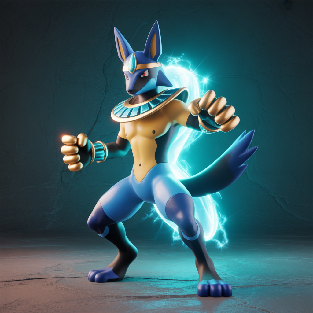 Lucario en pose dynamique avec poings métalliques et bandeaux égyptiens turquoise sur le front
