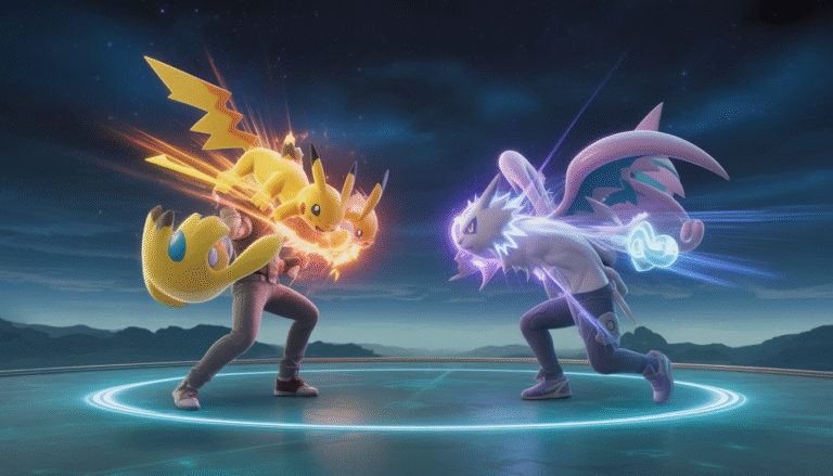 Deux dresseurs Pokémon s'affrontent sur une arène flottante mystique sous un ciel étoilé, entourés de Pokémon légendaires éclatants