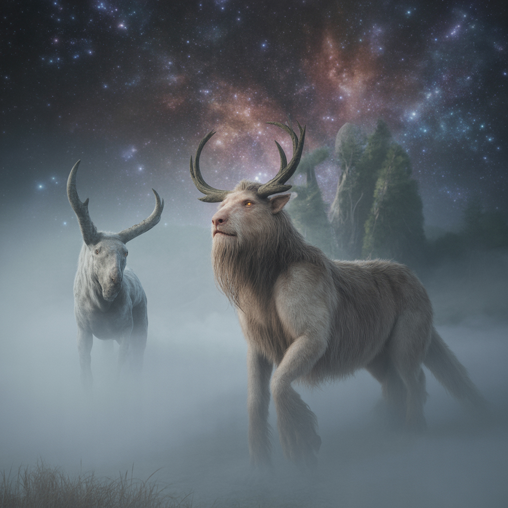Créatures mythiques légendaires dans un univers cosmique brumeux avec brouillard éthéré et étoiles scintillantes