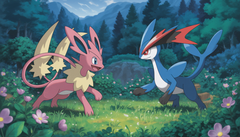Illustration style TCG de Sylveon et Greninja dans une forêt lumineuse