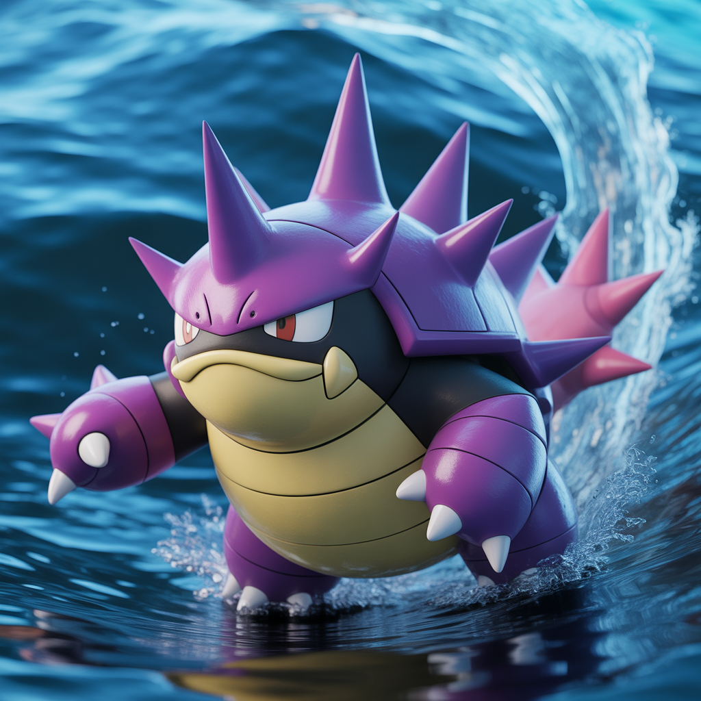 Crustabri Pokémon dans une eau agitée avec une carapace violette épineuse et une tête noire menaçante en pose défensive