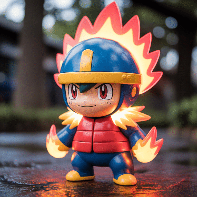 Small bipedal Pokémon wearing a round helmet emitting red and blue flames and a red vest with orange flame details