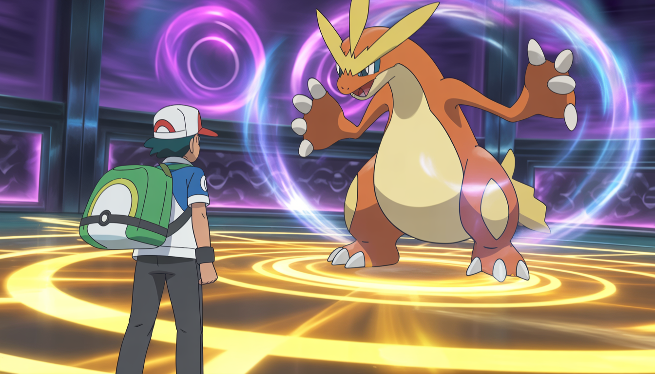 Pokémon trainer faces legendary Pokémon in glowing arena