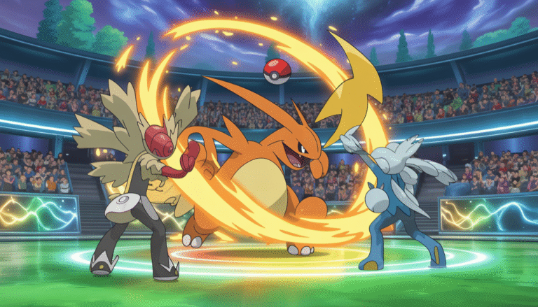 Pokémon légendaire lançant une attaque dans une arène brillante face à un autre dresseur, style TCG