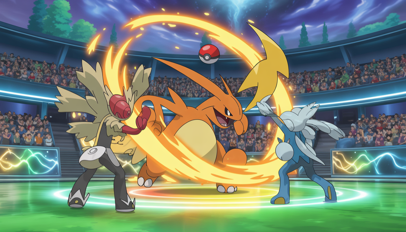 Pokémon légendaire lançant une attaque dans une arène brillante face à un autre dresseur, style TCG