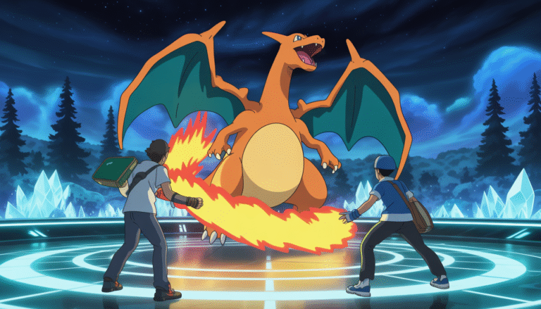 Dresseurs légendaires combattant avec Charizard dans une arène enchantée