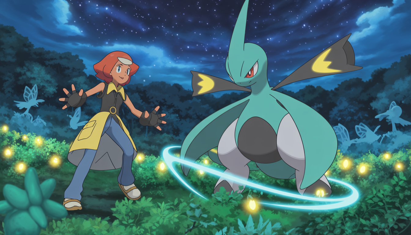 Un dresseur et Gardevoir combattent un adversaire mystérieux dans une forêt illuminée sous un ciel étoilé avec des effets d’énergie psychique
