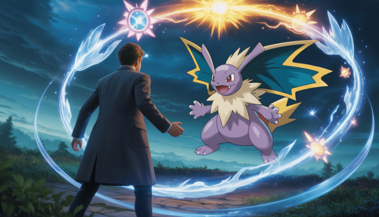 Un dresseur courageux affronte un Pokémon légendaire dans une clairière enchantée, entourés d’éclats d’énergie bleus et dorés