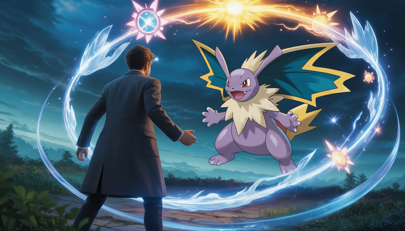 Un dresseur courageux affronte un Pokémon légendaire dans une clairière enchantée, entourés d’éclats d’énergie bleus et dorés