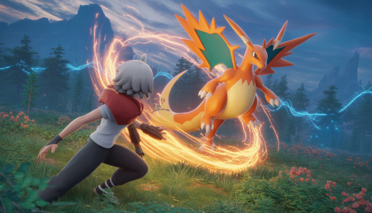 Dresseur Pokémon invoquant une créature légendaire dans une forêt magique