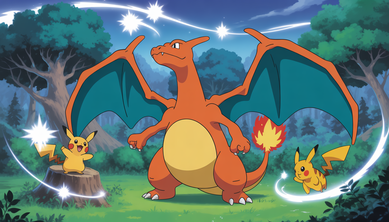 Charizard aux ailes déployées en forêt avec Pikachu et un dresseur