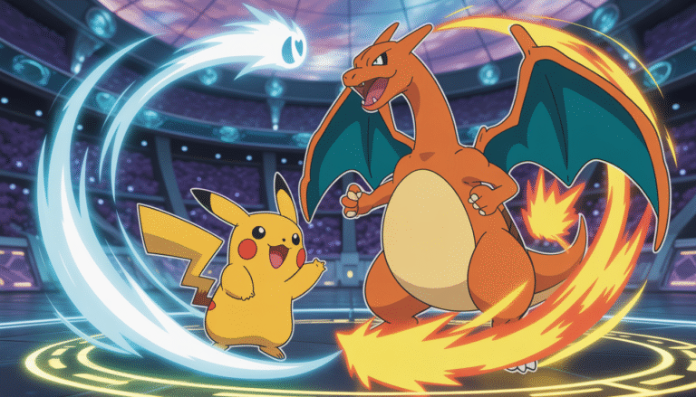 Illustration de Pikachu combattant Dracaufeu dans une arène magique