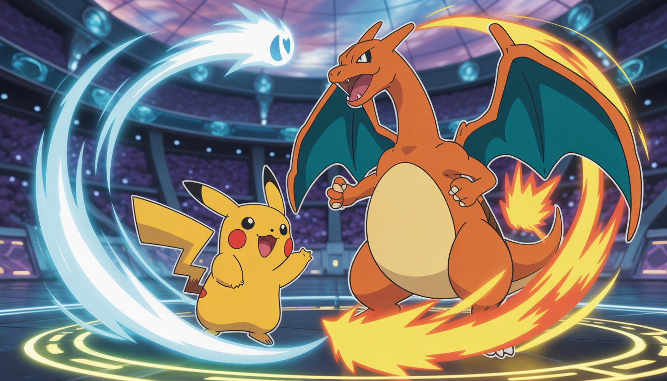 Illustration de Pikachu combattant Dracaufeu dans une arène magique