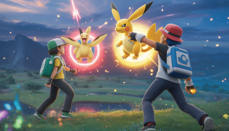 Deux dresseurs Pokémon invoquant des légendaires lumineux dans un décor fantasy vibrant