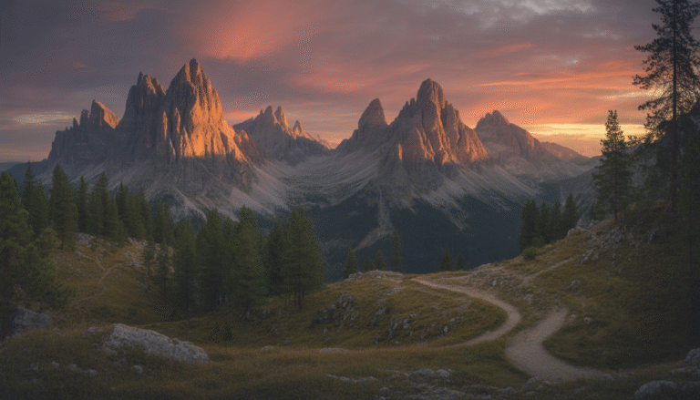 Photorealistic mountain landscape at sunset with golden light and colorful sky