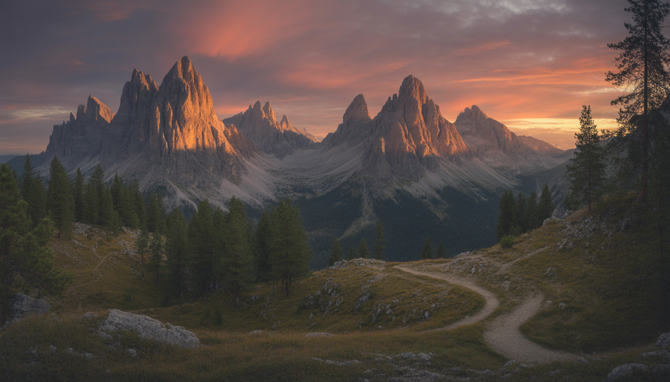 Photorealistic mountain landscape at sunset with golden light and colorful sky