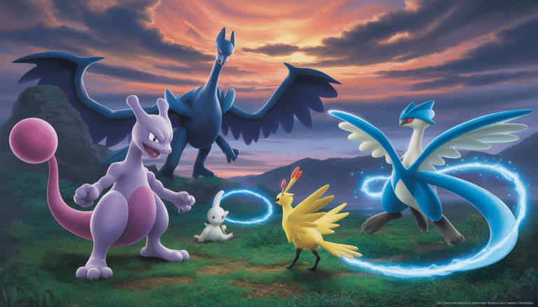 Mewtwo, Articuno, Zapdos et Moltres dans un paysage fantastique