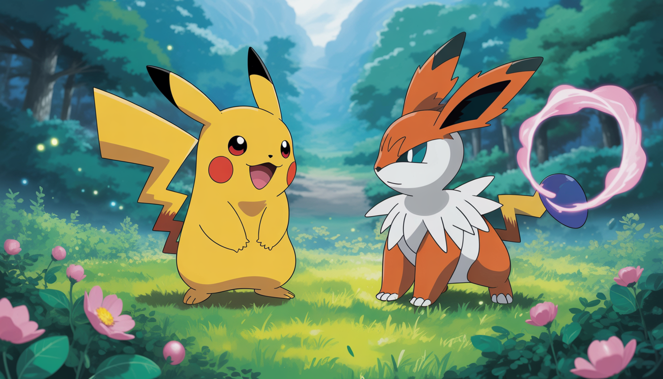 Pikachu et Florizarre s'affrontant en forêt avec leurs dresseurs