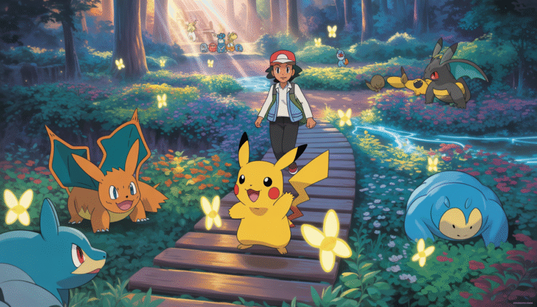 Trainer with Pikachu on a bridge in glowing fantasy forest