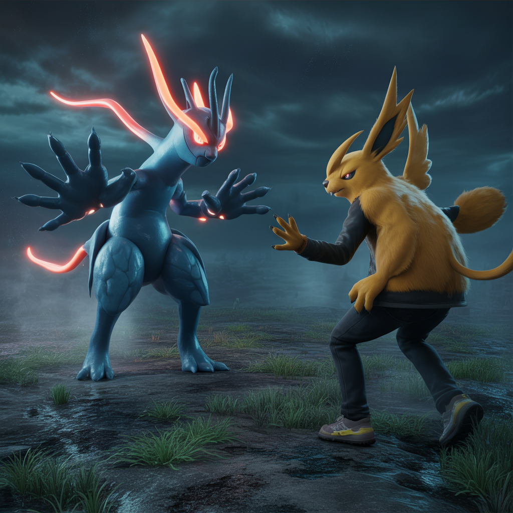 Combat photoréaliste entre un Pokémon dimension alternative unique et un dresseur dans une ambiance sombre et mystérieuse avec des créatures lumineuses