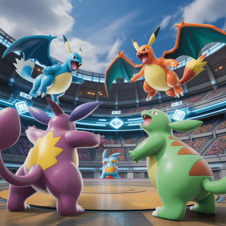 Plusieurs Pokémon emblématiques en bataille stratégique photoréaliste avec éléments de cartes et données superposées