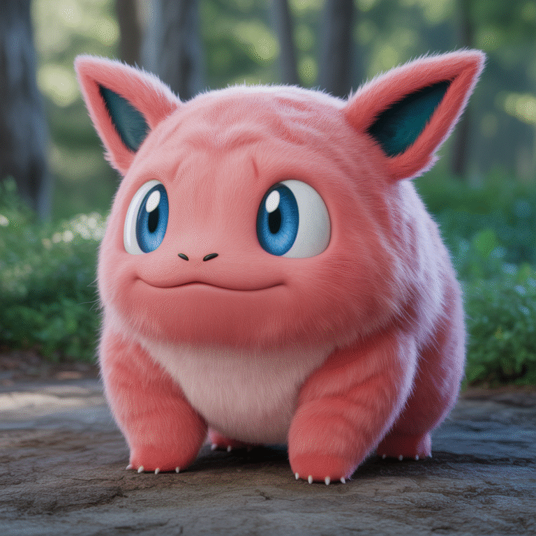 Rondoudou, créature rose ronde aux grands yeux bleus et petites oreilles pointues, expression douce en forêt