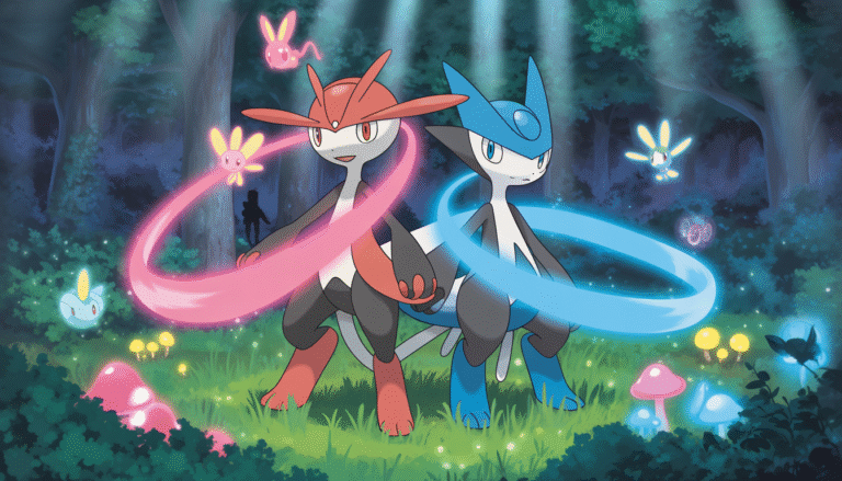 Gardevoir et Gallade dos à dos dans une forêt lumineuse avec champignons et lucioles Pokémon