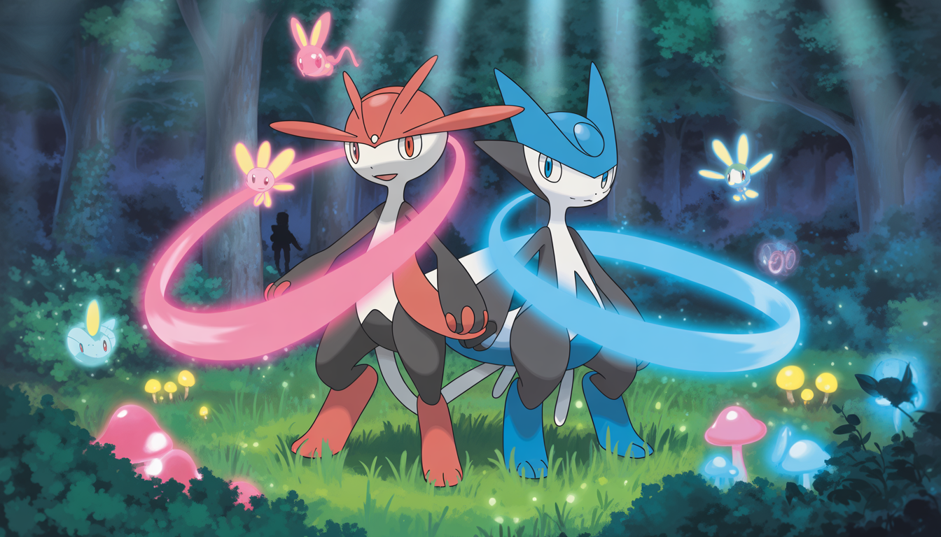 Gardevoir et Gallade dos à dos dans une forêt lumineuse avec champignons et lucioles Pokémon