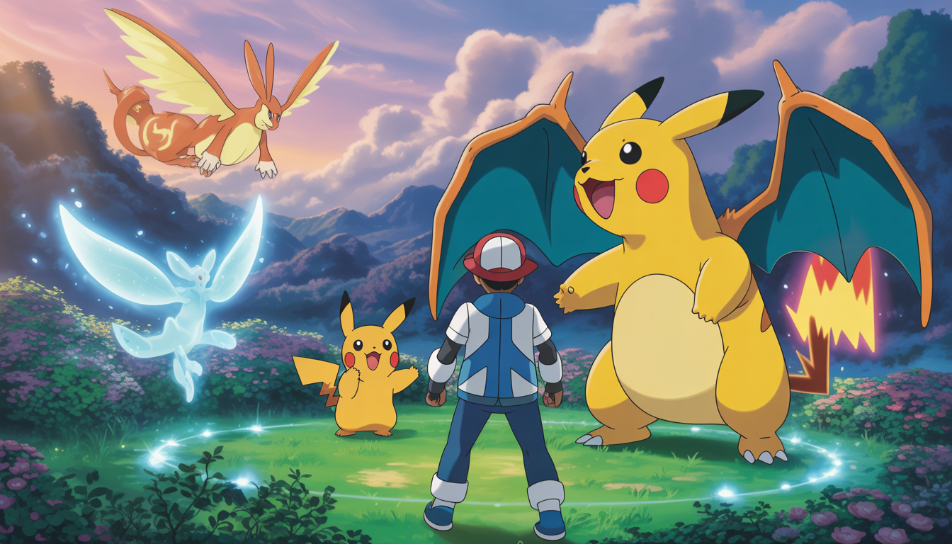 Trainer faces Pikachu and Charizard in glowing forest scene