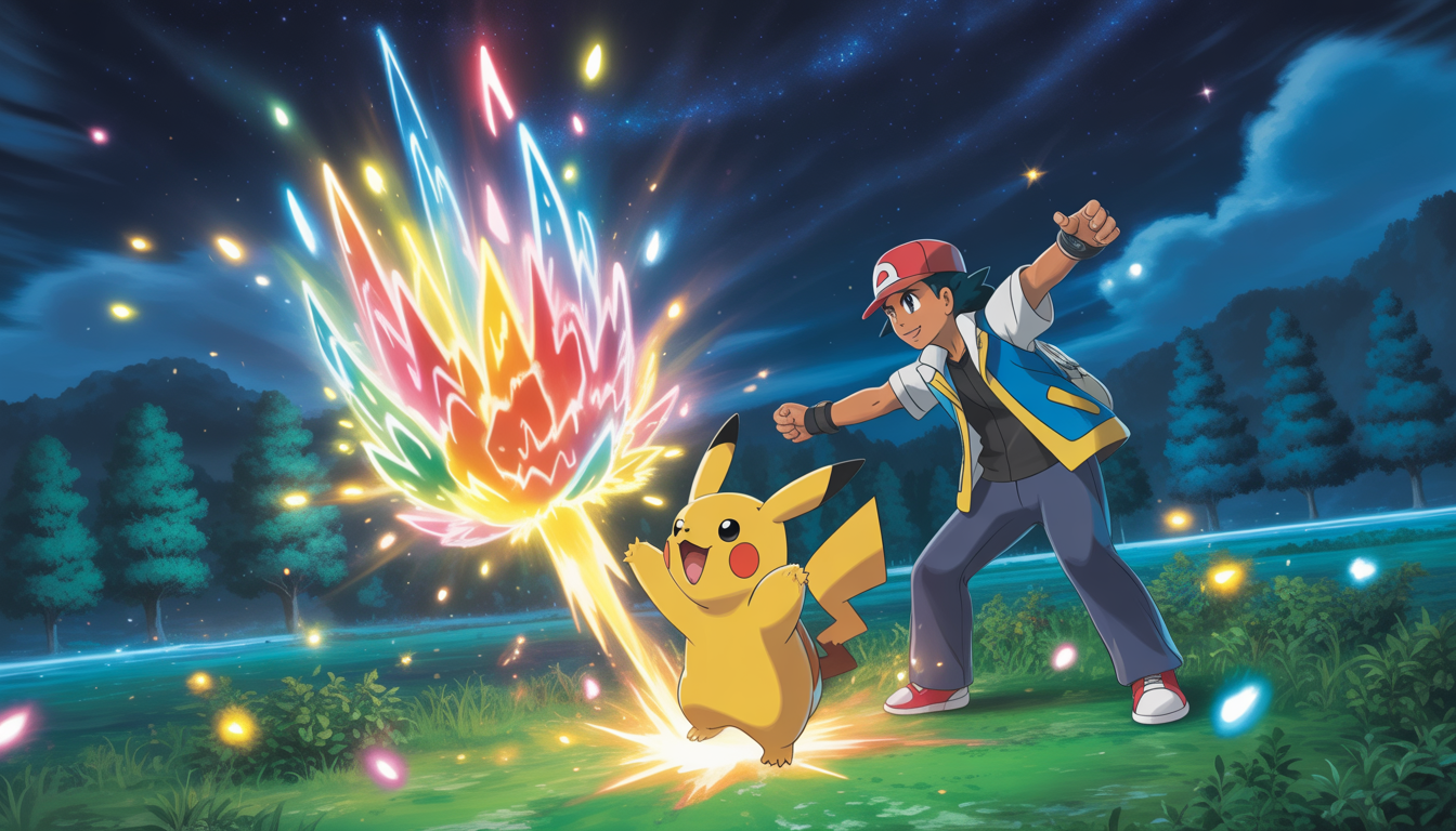 Trainer and Pokémon using elemental blast in magical forest