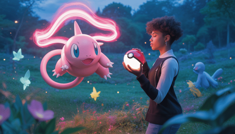 Gardevoir flottant avec aura rose dans une forêt magique