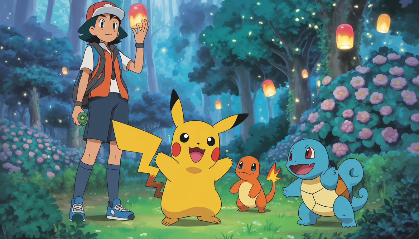 Dresseur Pokémon avec Pikachu, Salamèche et Carapuce lumineux dans une forêt magique