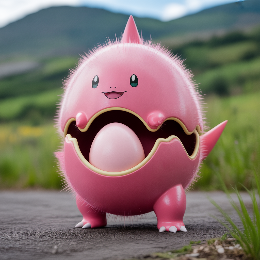 Leveinard rose ressemblant à un œuf avec des touffes de cheveux, petits yeux, sourire, pieds roses visibles et queue pointue, portant un œuf dans sa poche ventrale