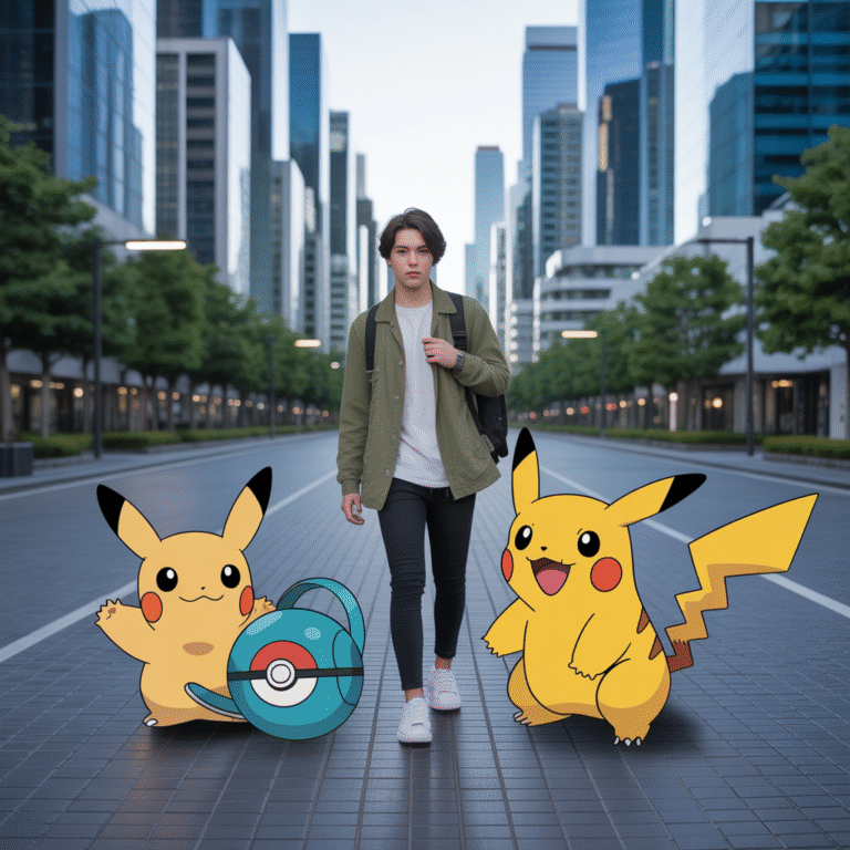 Jeune dresseur explorant un paysage urbain moderne avec plusieurs Pokémon variés des neuf générations en style photoréaliste