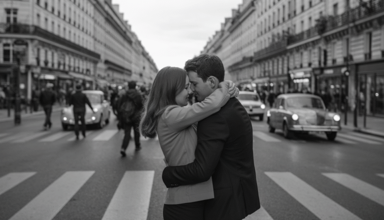 Un couple s’embrasse sur un trottoir parisien en noir et blanc