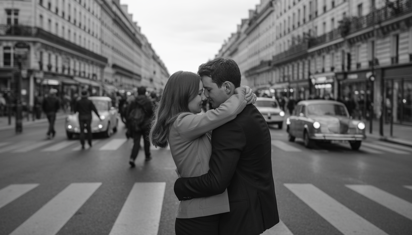 Un couple s’embrasse sur un trottoir parisien en noir et blanc