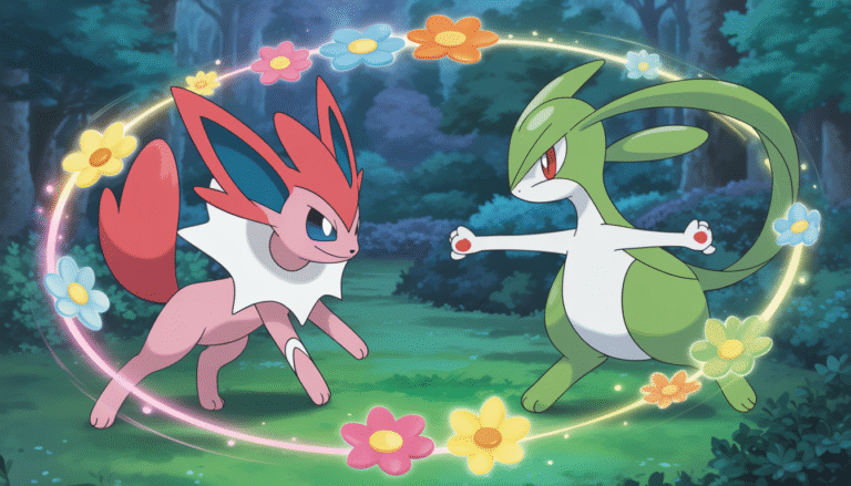 Illustration de Sylveon affrontant Gardevoir dans une forêt magique