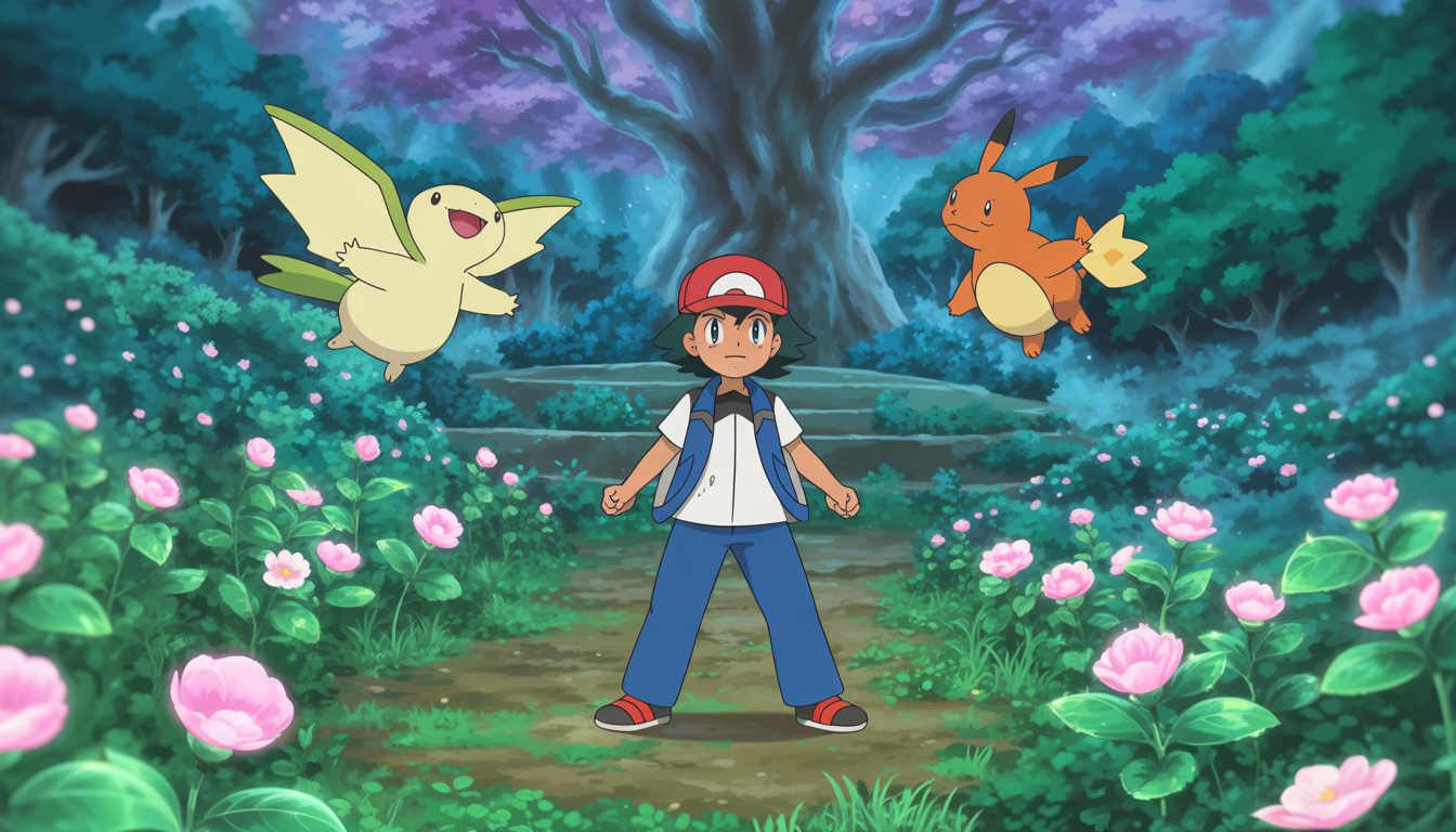 Scène féerique avec un dresseur Pokémon, Togepi et Chikorita volant dans une forêt magique illuminée