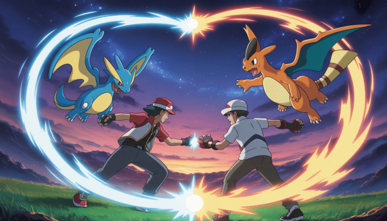 Two Pokémon trainers battling with their iconic Pokémon under a magical, star-filled sky