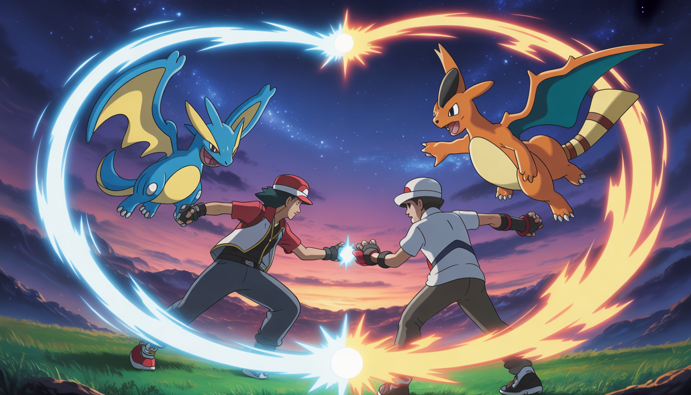 Two Pokémon trainers battling with their iconic Pokémon under a magical, star-filled sky