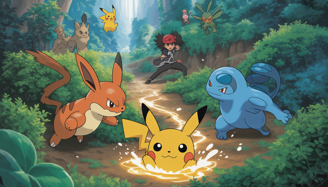 Salamèche et Bulbizarre s'affrontent en forêt, avec Pikachu et autres Pokémon