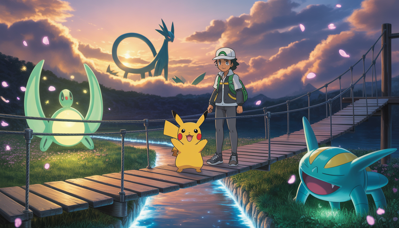 Dresseur et Pikachu sur un pont en bois au-dessus d'une rivière lumineuse avec Orbeetle, Shiinotic et Rayquaza dans un décor fantastique