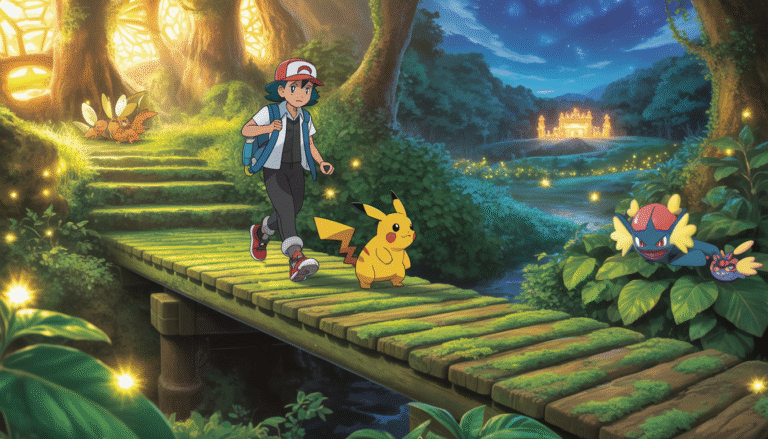 Trainer crossing mossy bridge with Pikachu, fireflies and wild Pokémon in a glowing forest