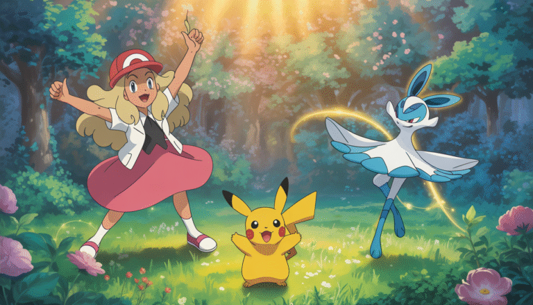 Dresseur Pokémon avec Pikachu et Sprigatito dans la forêt de Paldea, Sylveon et Tandemaus dansant dans une clairière ensoleillée